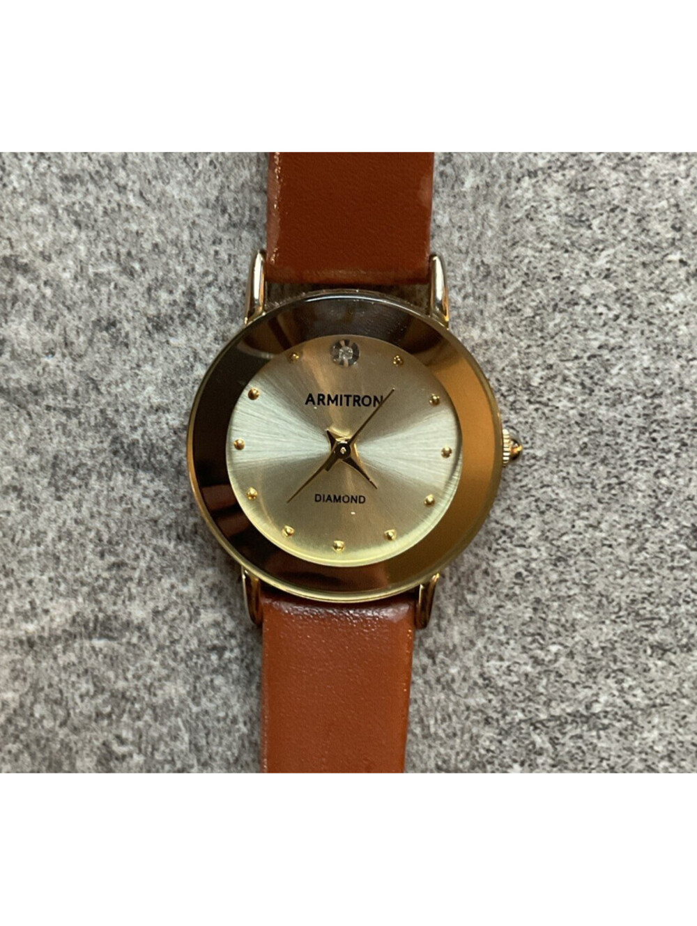 Beautiful Armitron Womens Diamond Watch Gold Tone Case & Dial Leather Band A2